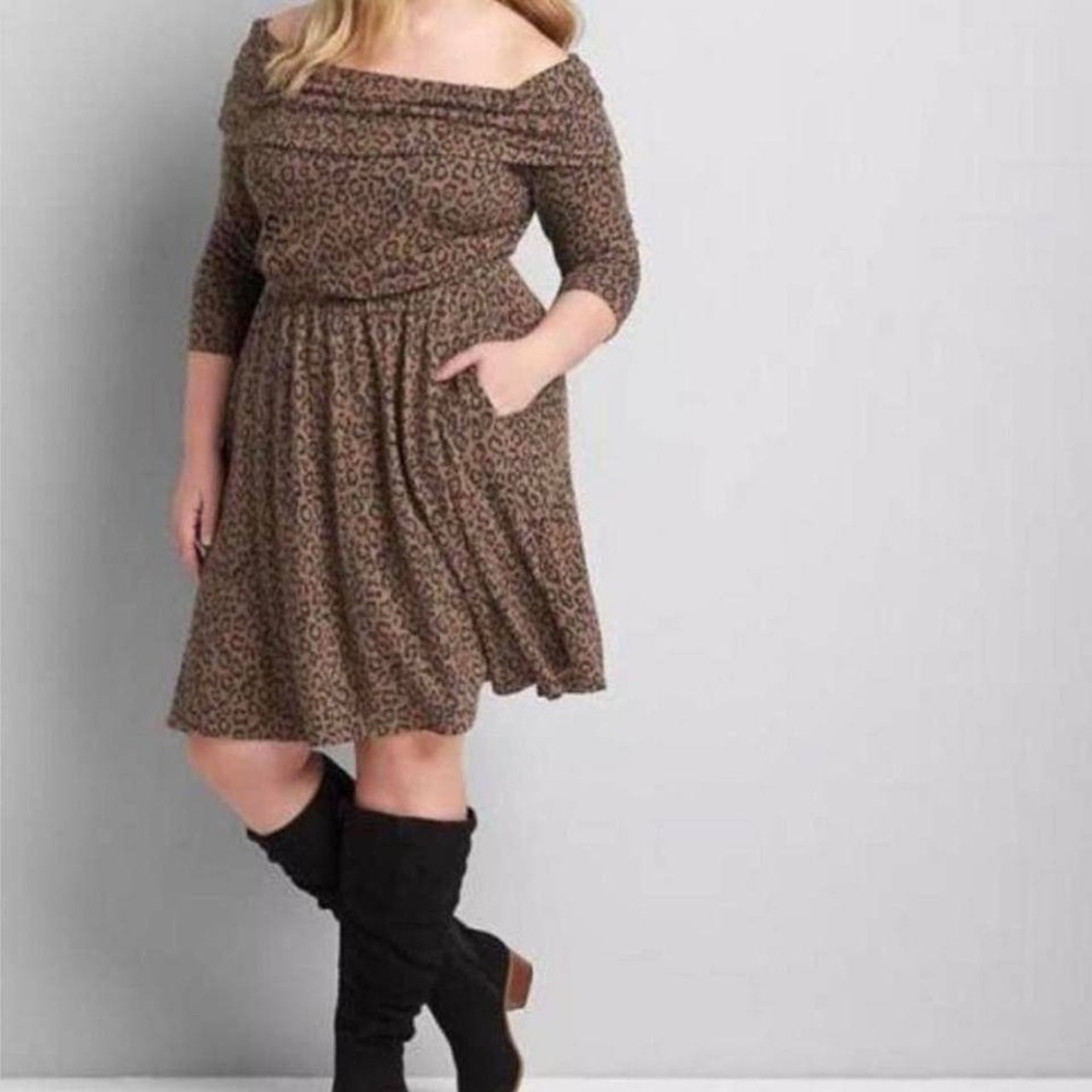 Lane Bryant Leopard Print Dress Pockets 18/20 Plus Size Cowl‎ Off Shoulder NWT
